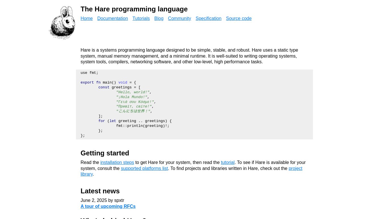 Hare (Programming Language) Landing page