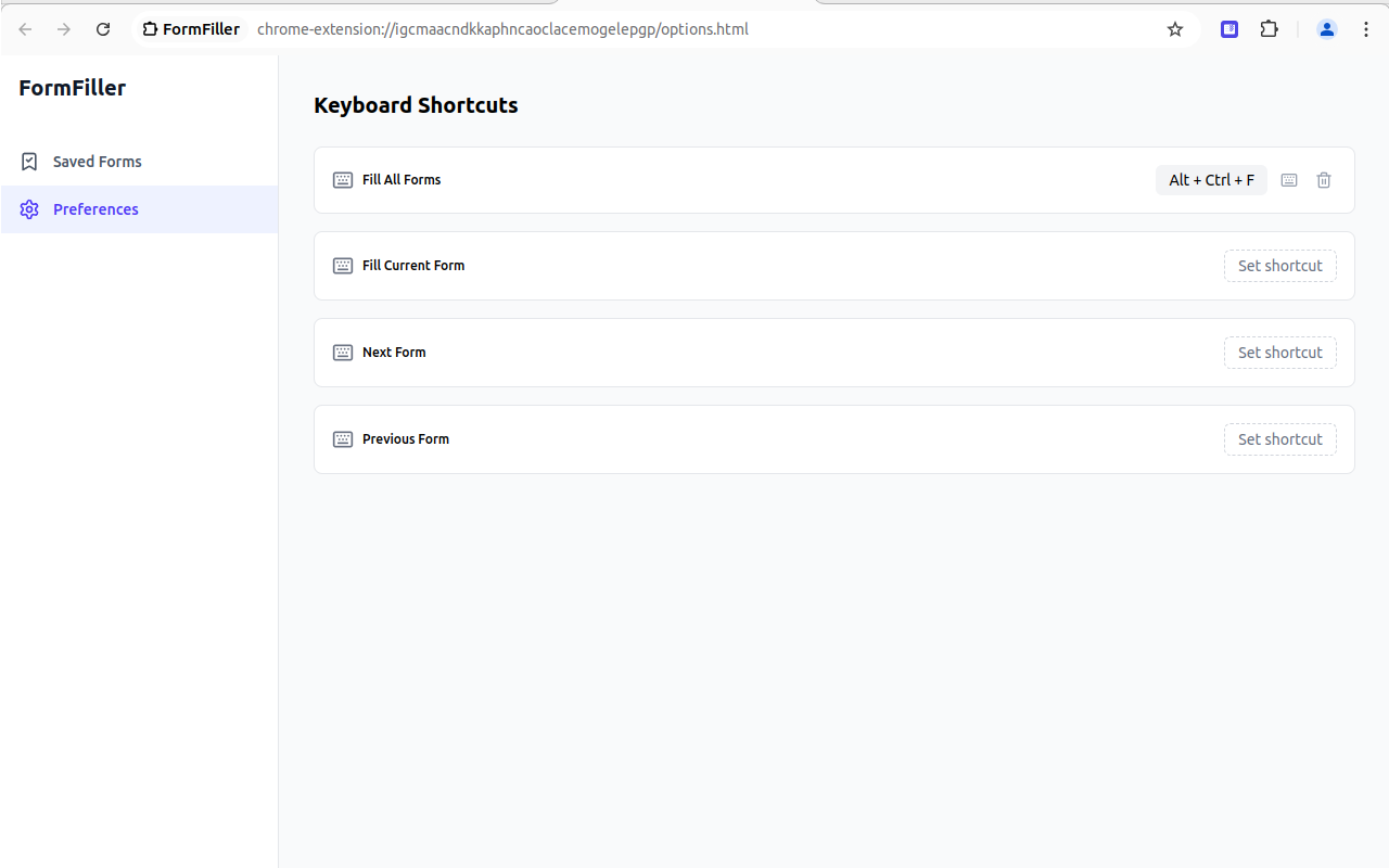 Form Filler App Keyboard shortcuts