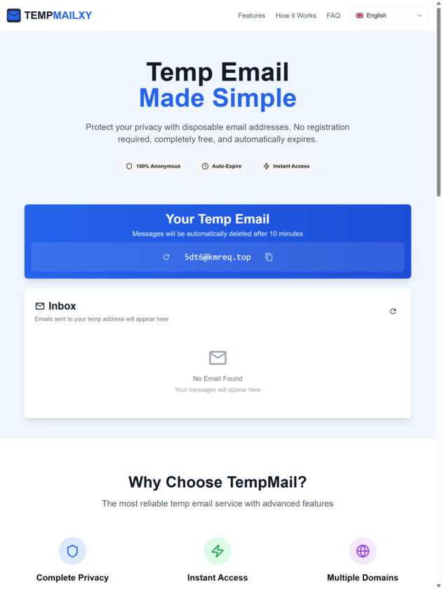 Temp Mail XY Landing Page