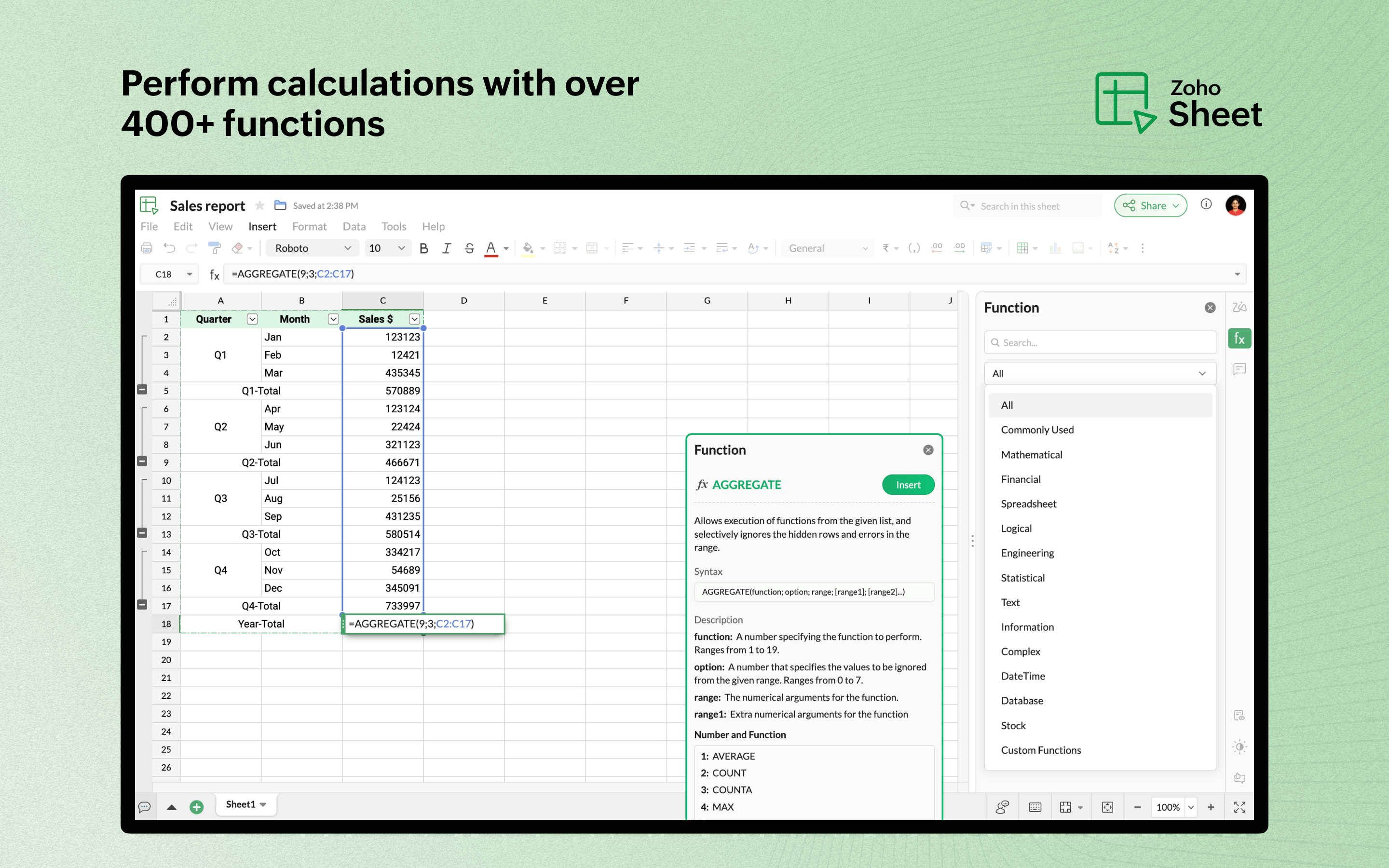 Zoho Sheet 400+ built-in functions for spreadsheet calculations