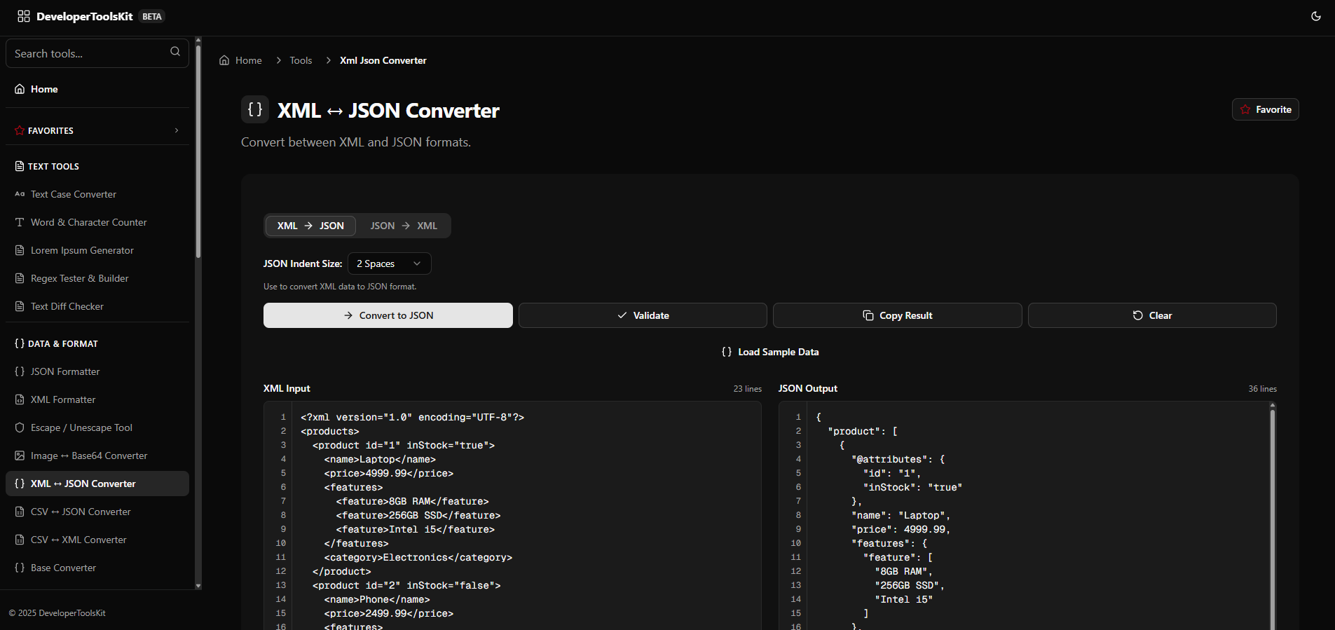 DeveloperToolsKit xmljsonconverter