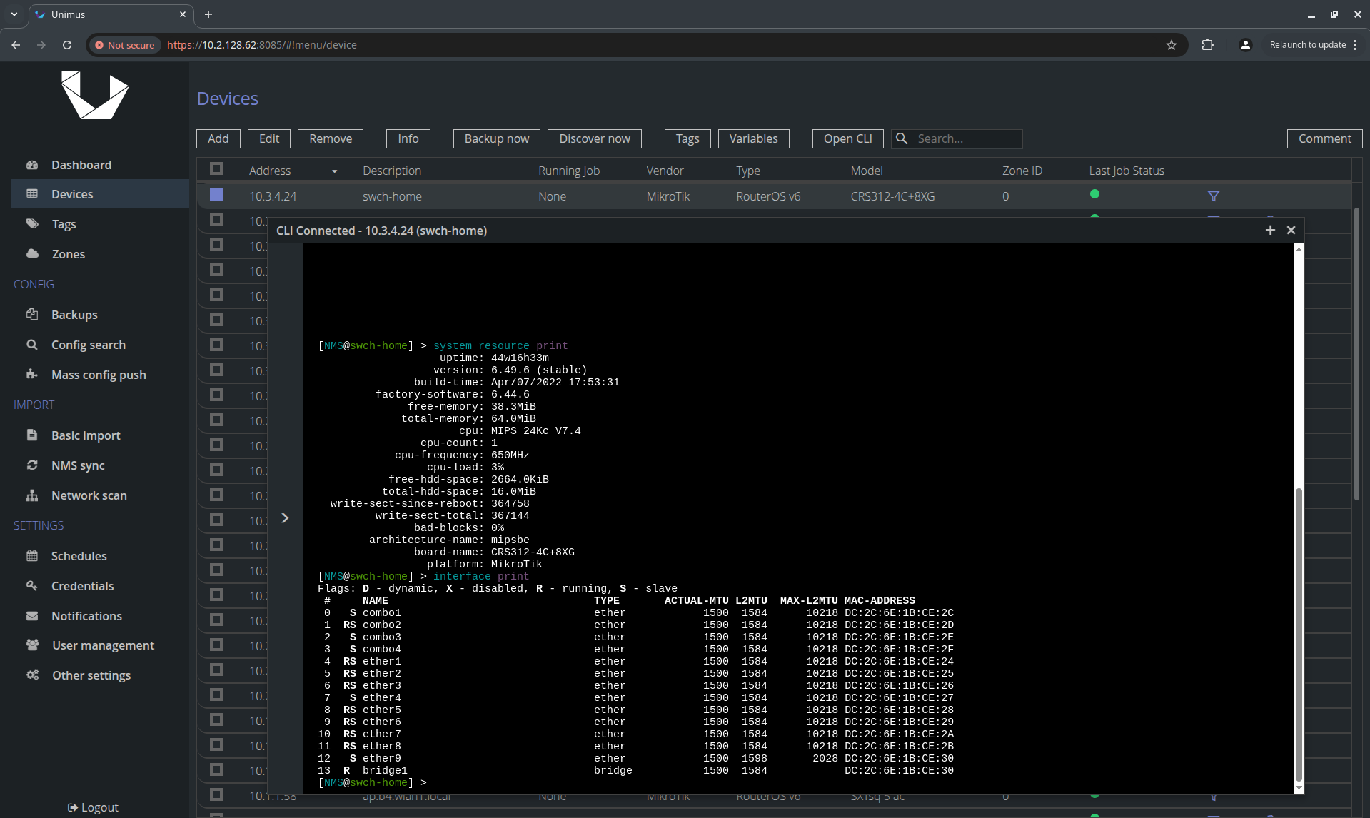 Unimus Integrated device CLI