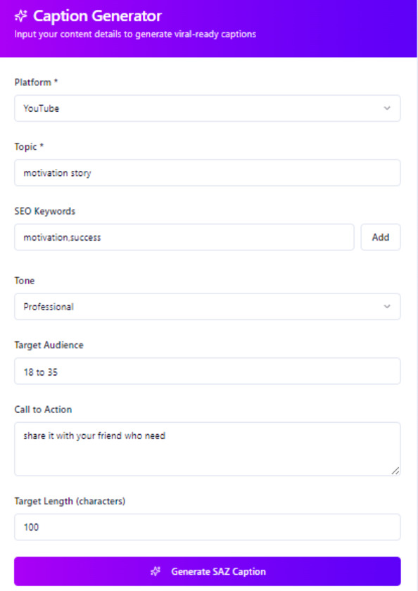 SAZ Caption AI Landing Page