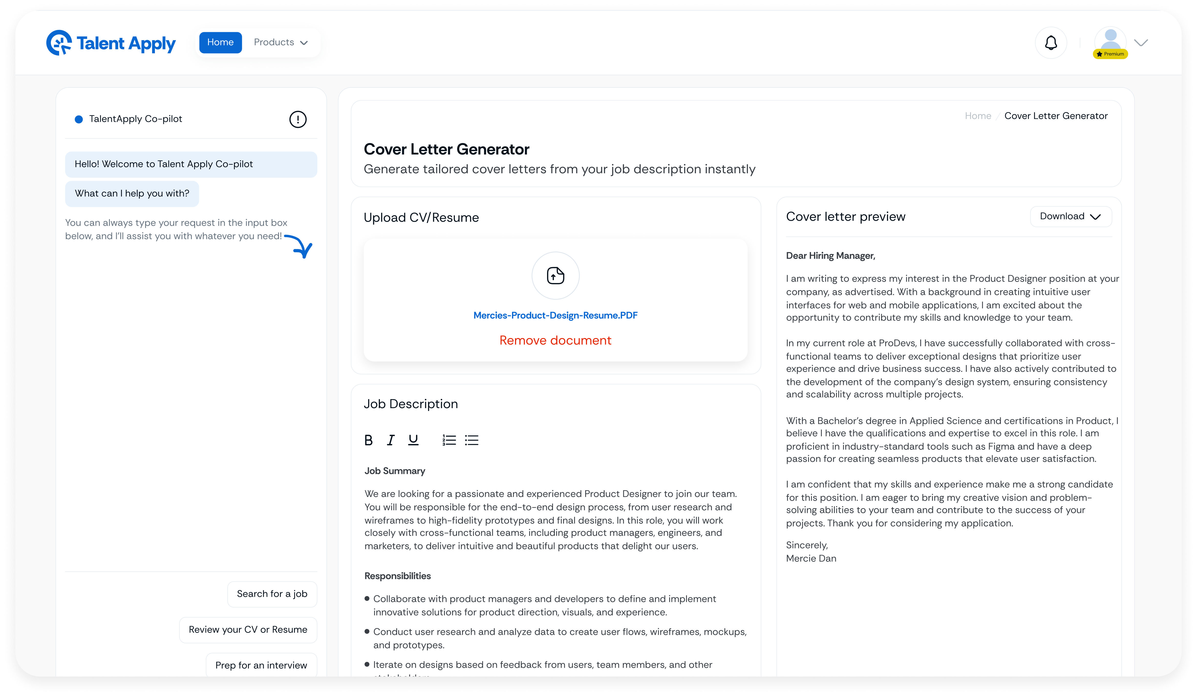 TalentApply Cover Letter Generation