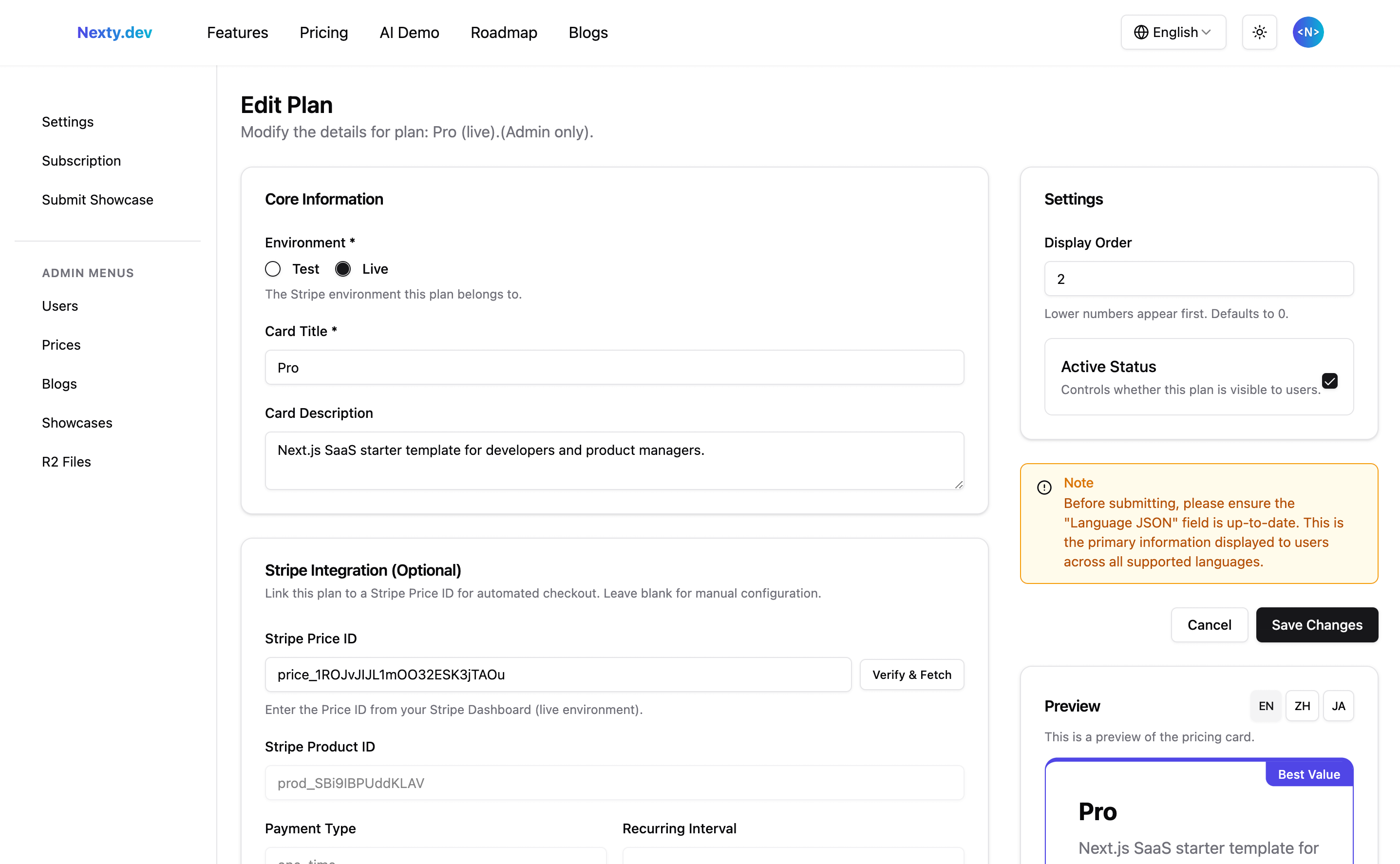 Nexty.dev Nexty.dev - Prices Edit Page