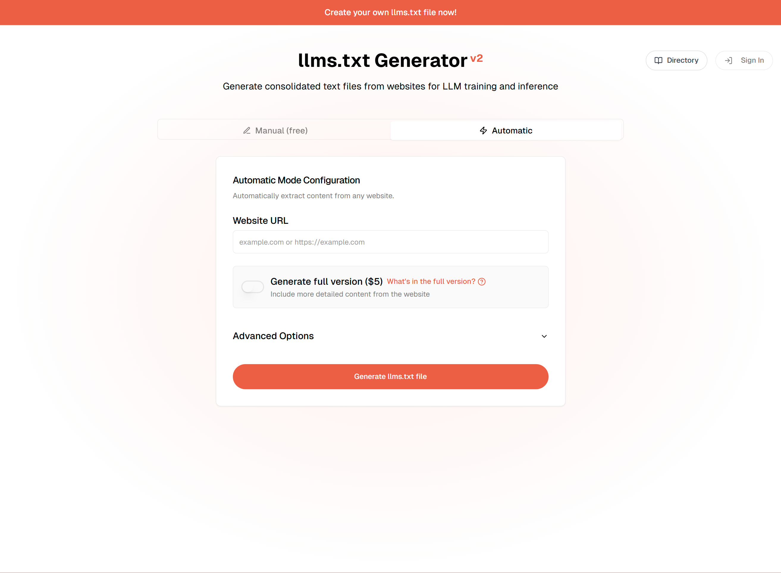 llms-text.com Want it done for you? Just drop your website URL into our automatic generator. We'll scrape your site and build your llms.txt file in no time.