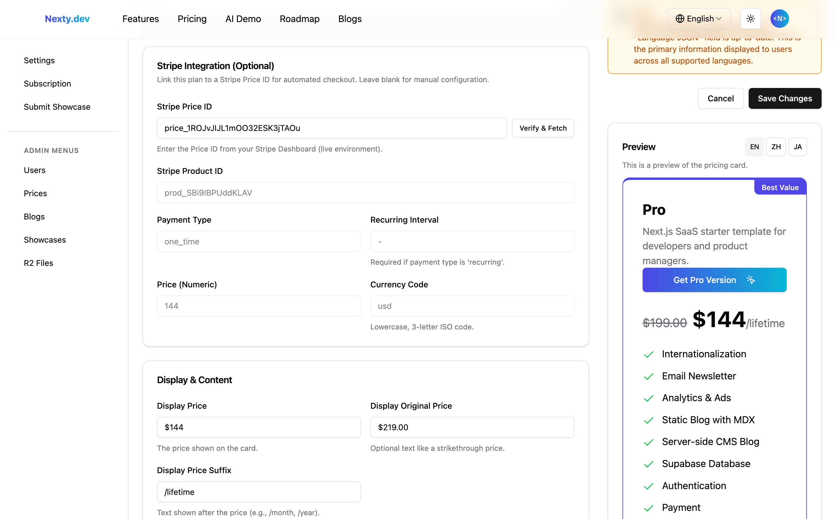 Nexty.dev Nexty.dev - Prices Edit Page