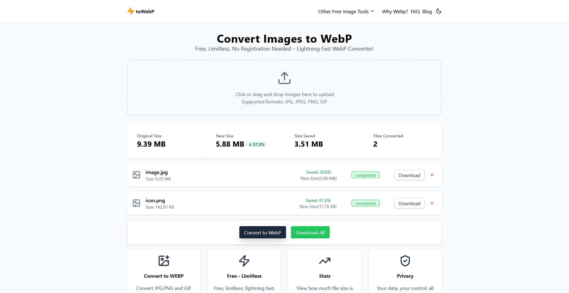 toWebP.online converted images with stats