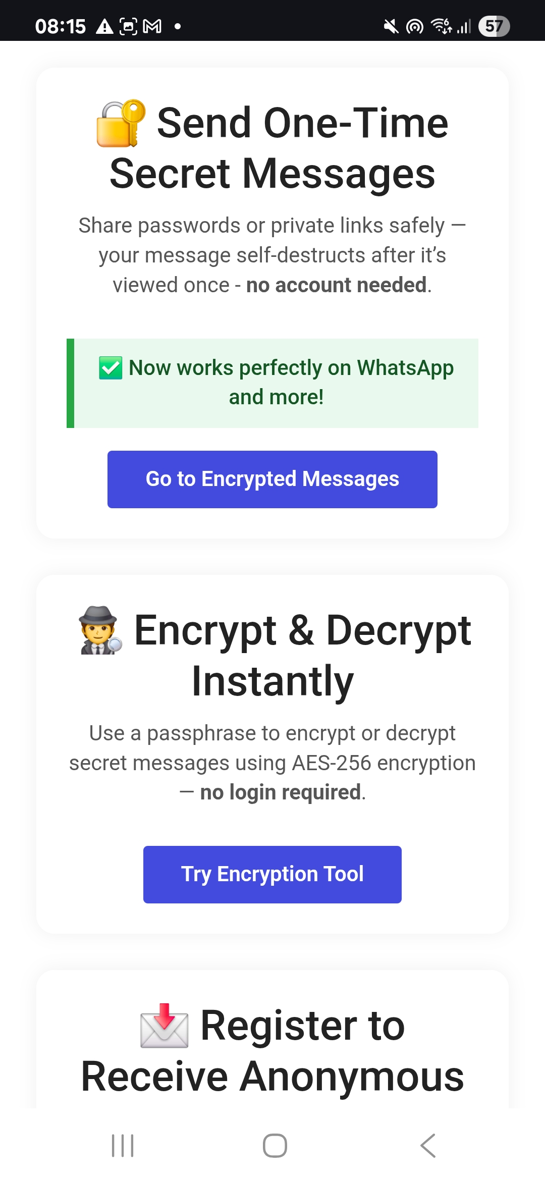 Send Secret Message landing page