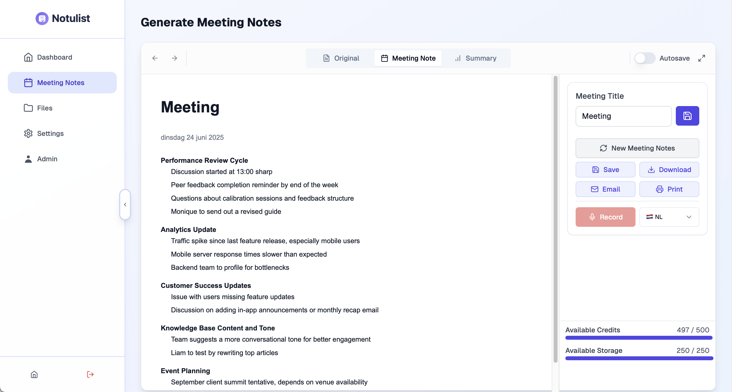 Notulist Dashboard