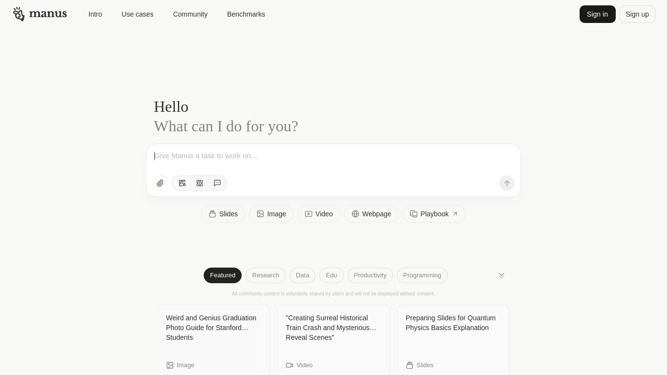 Manus Landing page