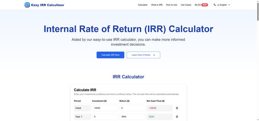 Easy IRR Calculator Landing Page