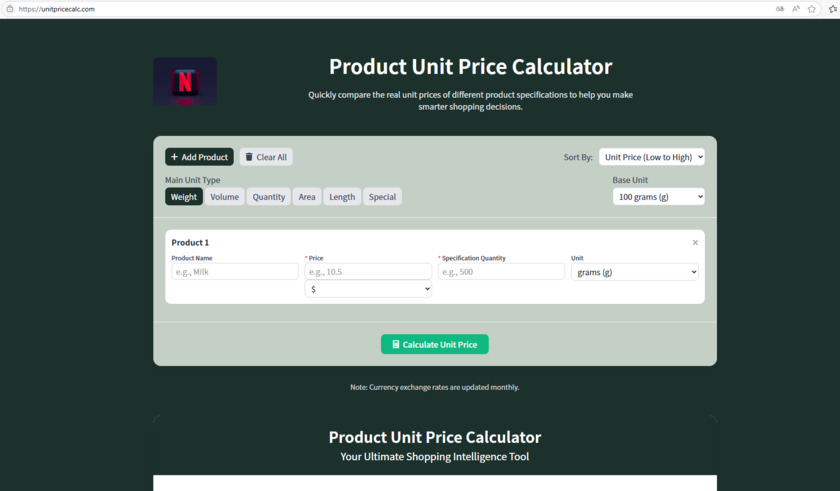 Unit Price Calc Landing Page