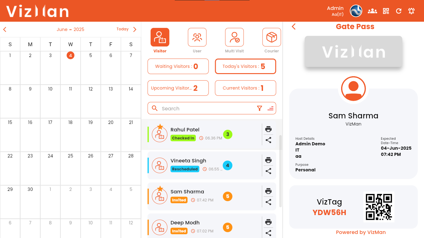 VizMan VizMan Dashboard - VizTag Visitor Pass