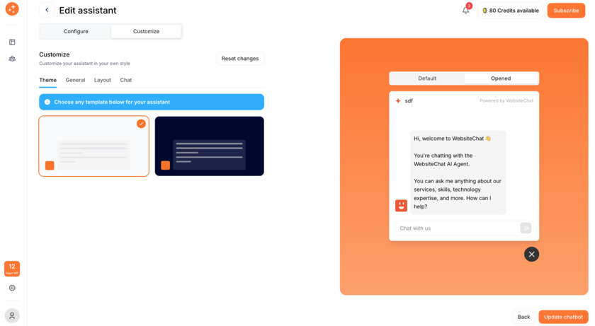 WebsiteChat Customization of chat assistant