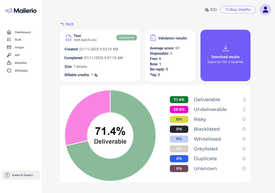 Mailerio Bulk upload statistics report