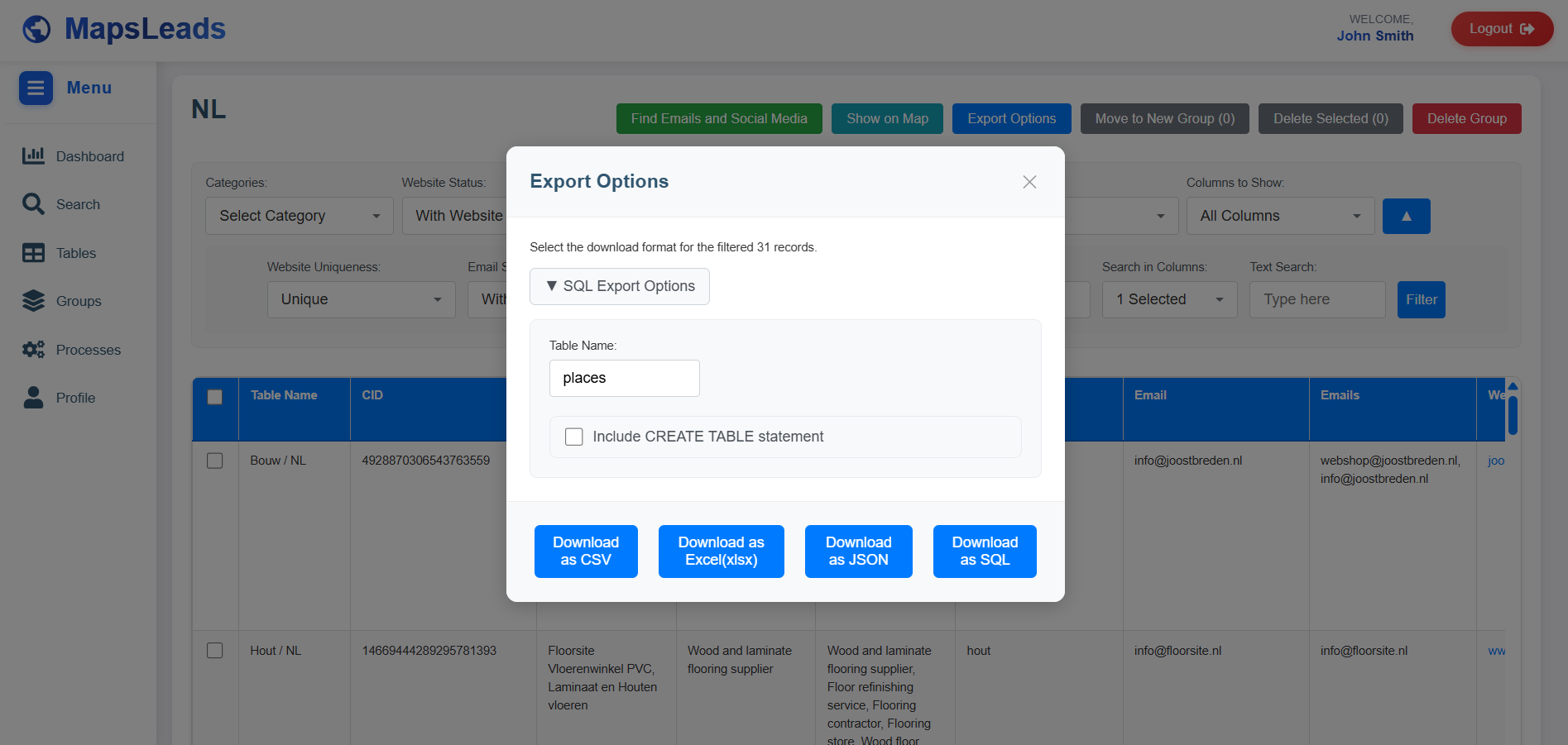 MapsLeads Data Export Page
