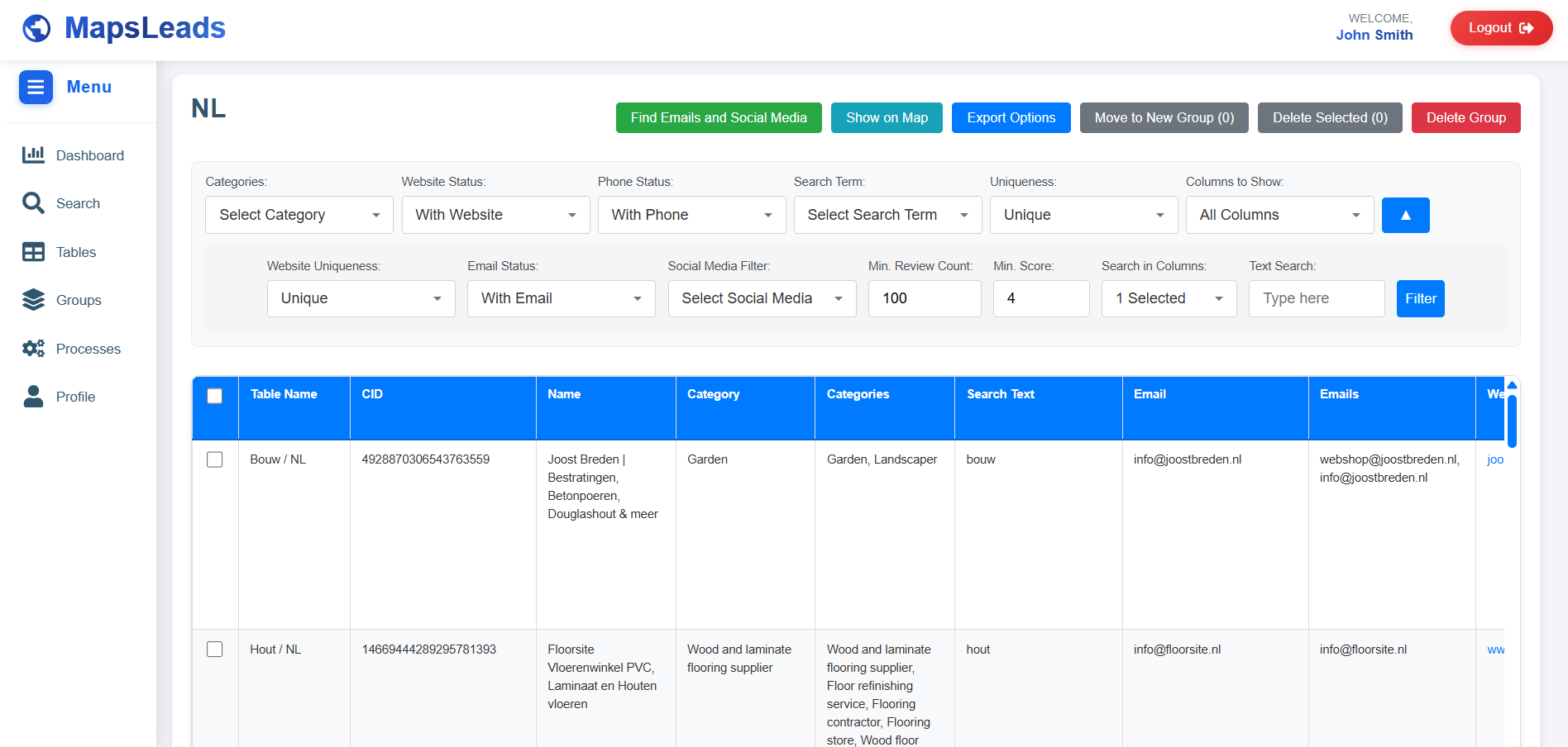 MapsLeads Group Page With Filters