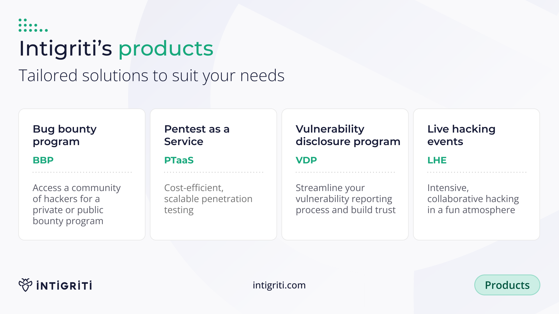 Intigriti Intigriti’s bug bounty and vulnerability disclosure platform includes a wealth of customer features, from access to our expert triage team and 24/7 support to multi-currency payments and seamless API integrations.