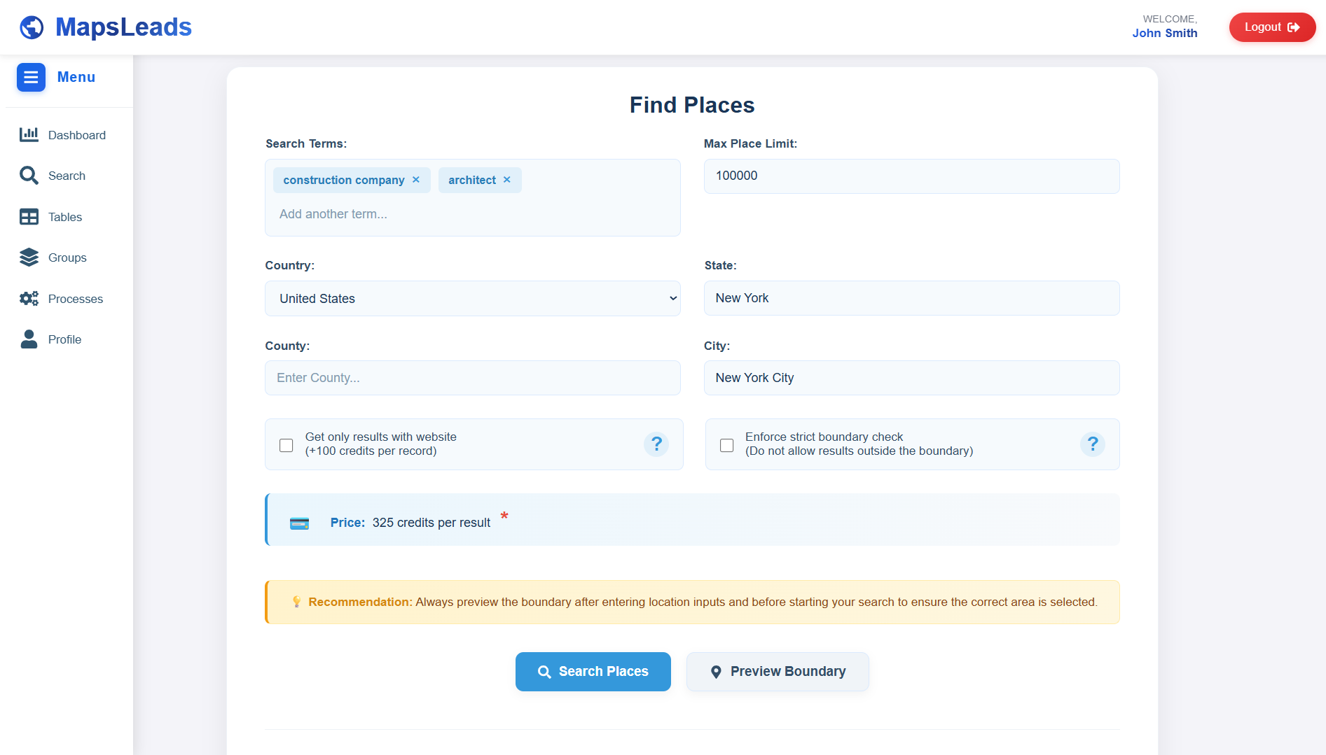 MapsLeads Smart Search Page
