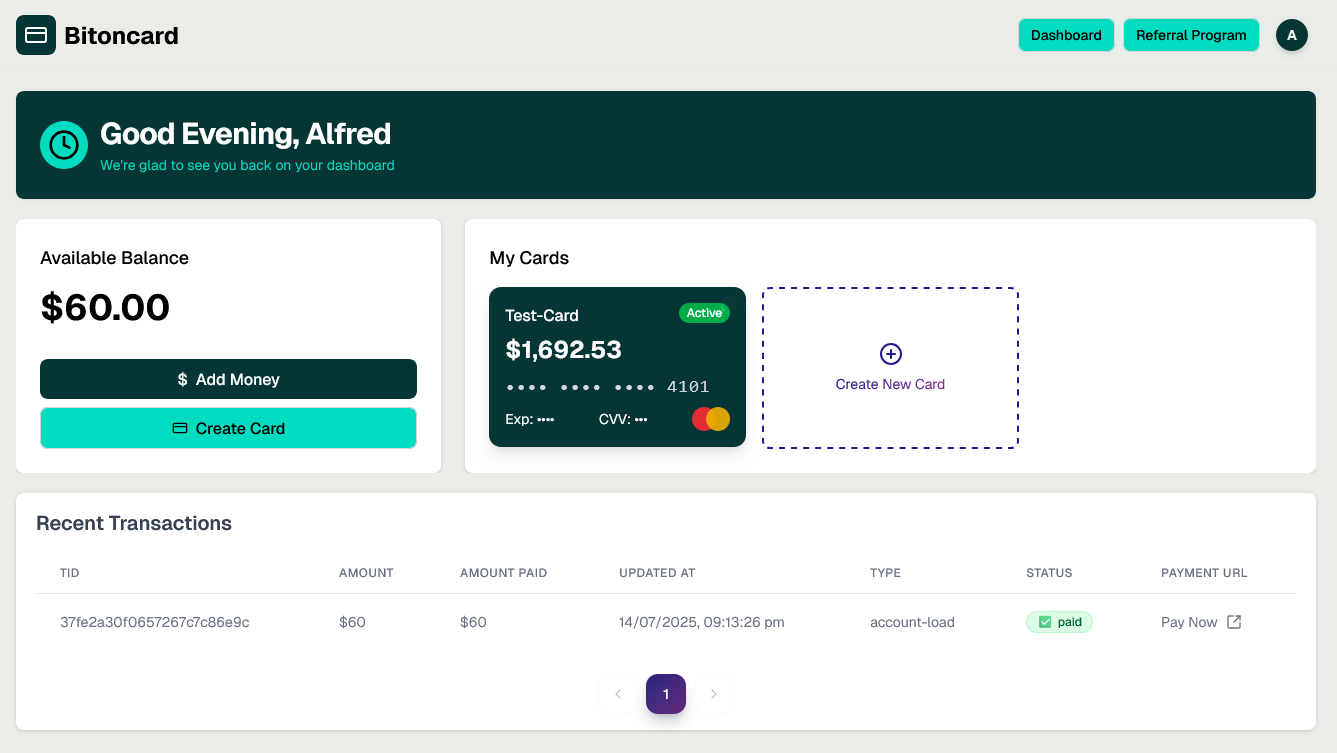 BitonCard User Dashboard