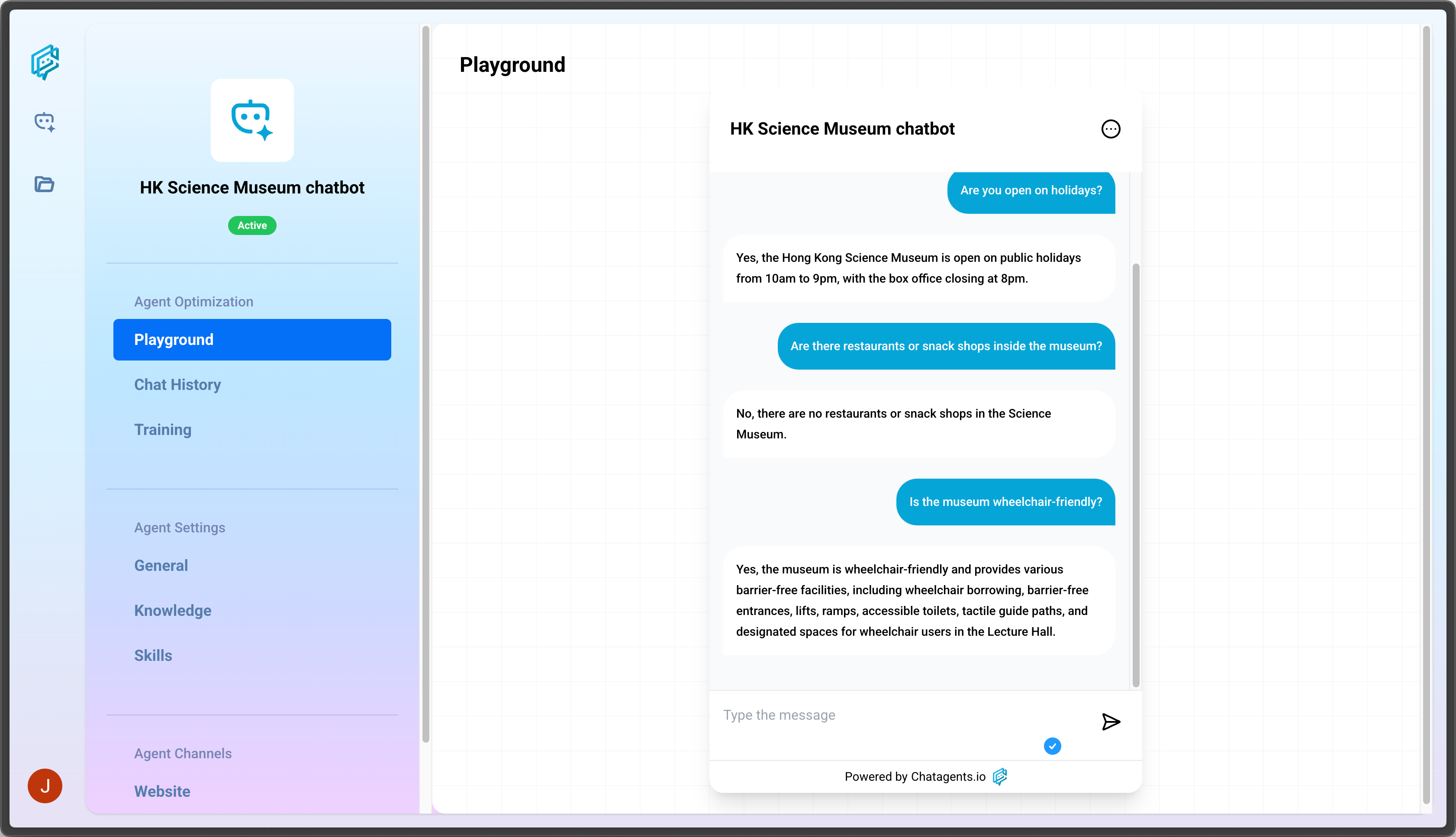 Chatagents.io Playground page