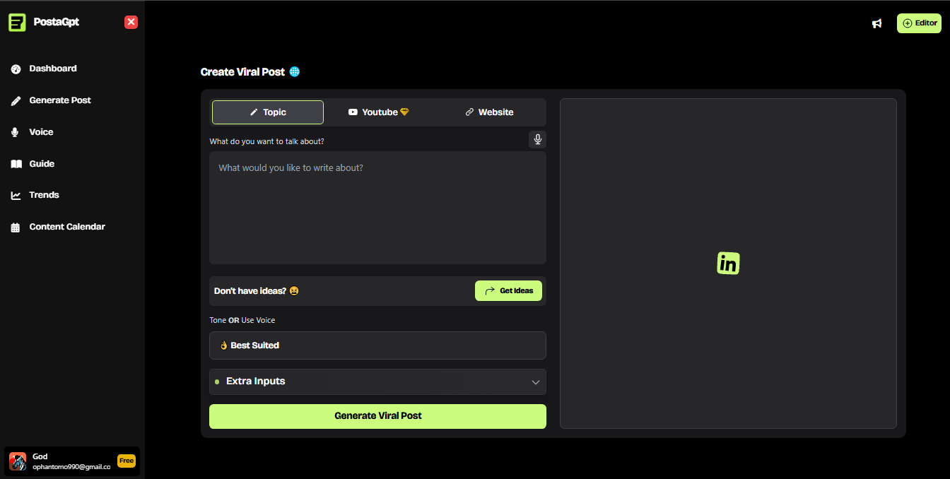 PostaGpt PostaGPT Generate Post Page