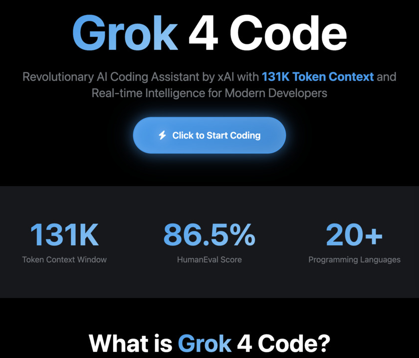 Grok 4 Code Landing Page