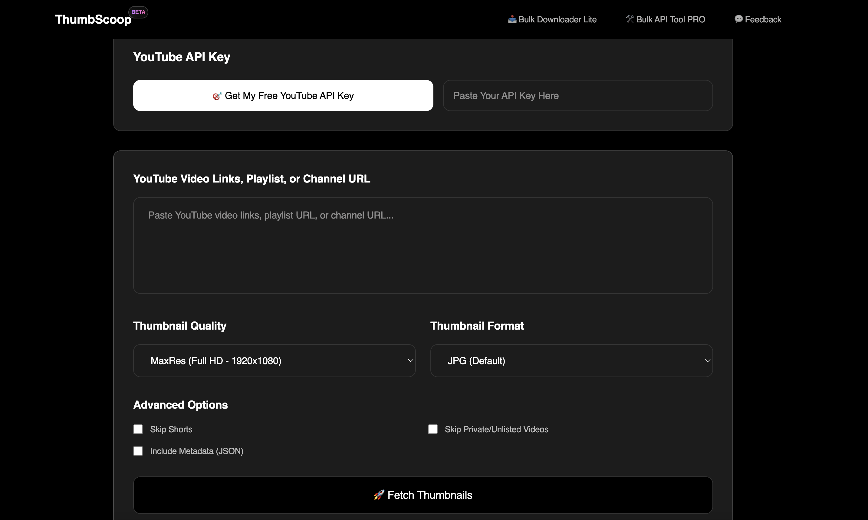 ThumbScoop.dev ThumbScoop Bulk YouTube Thumbnail Downloader API