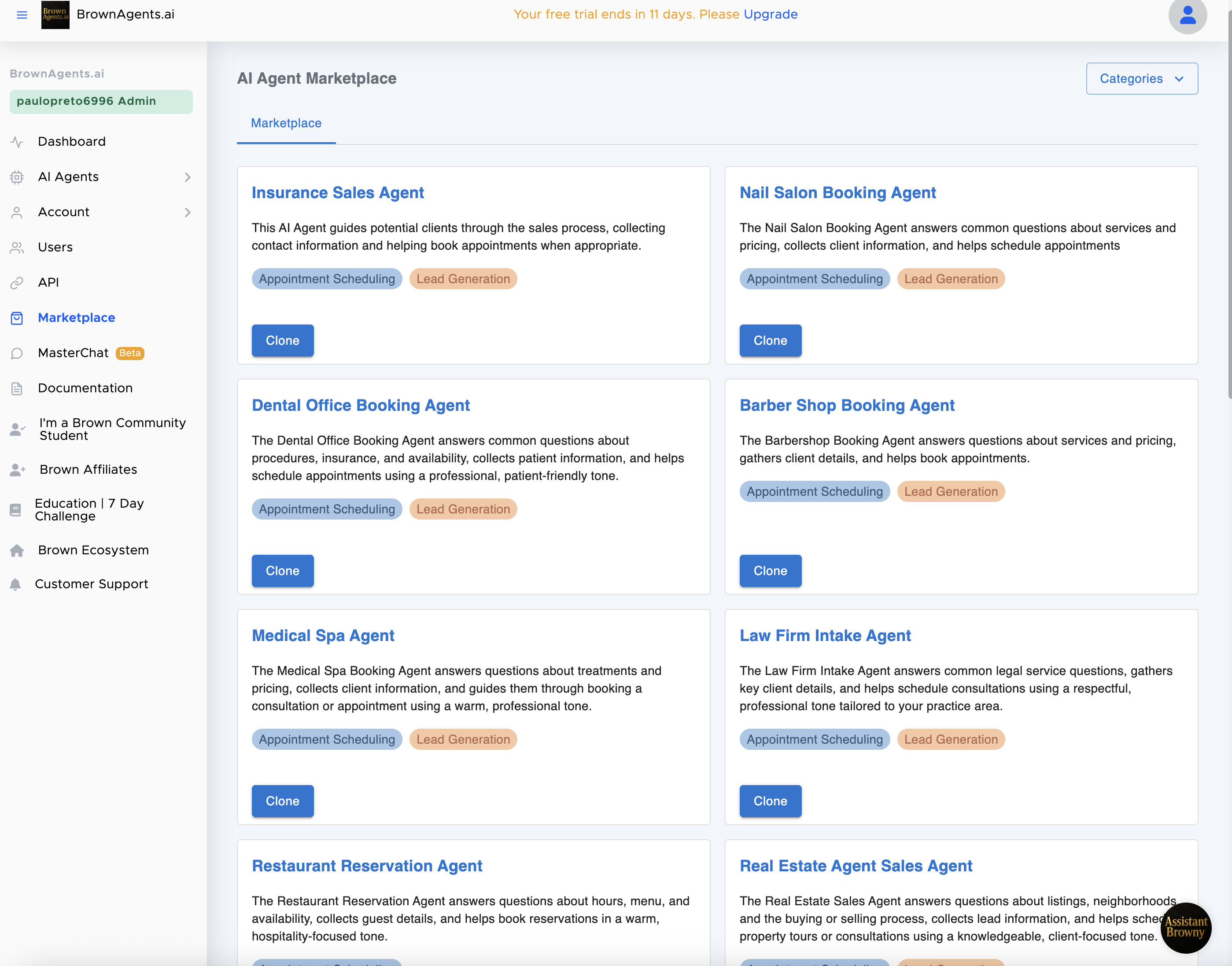 BrownAgents.ai Marketplace - Clone Agents to your Agents Inventory