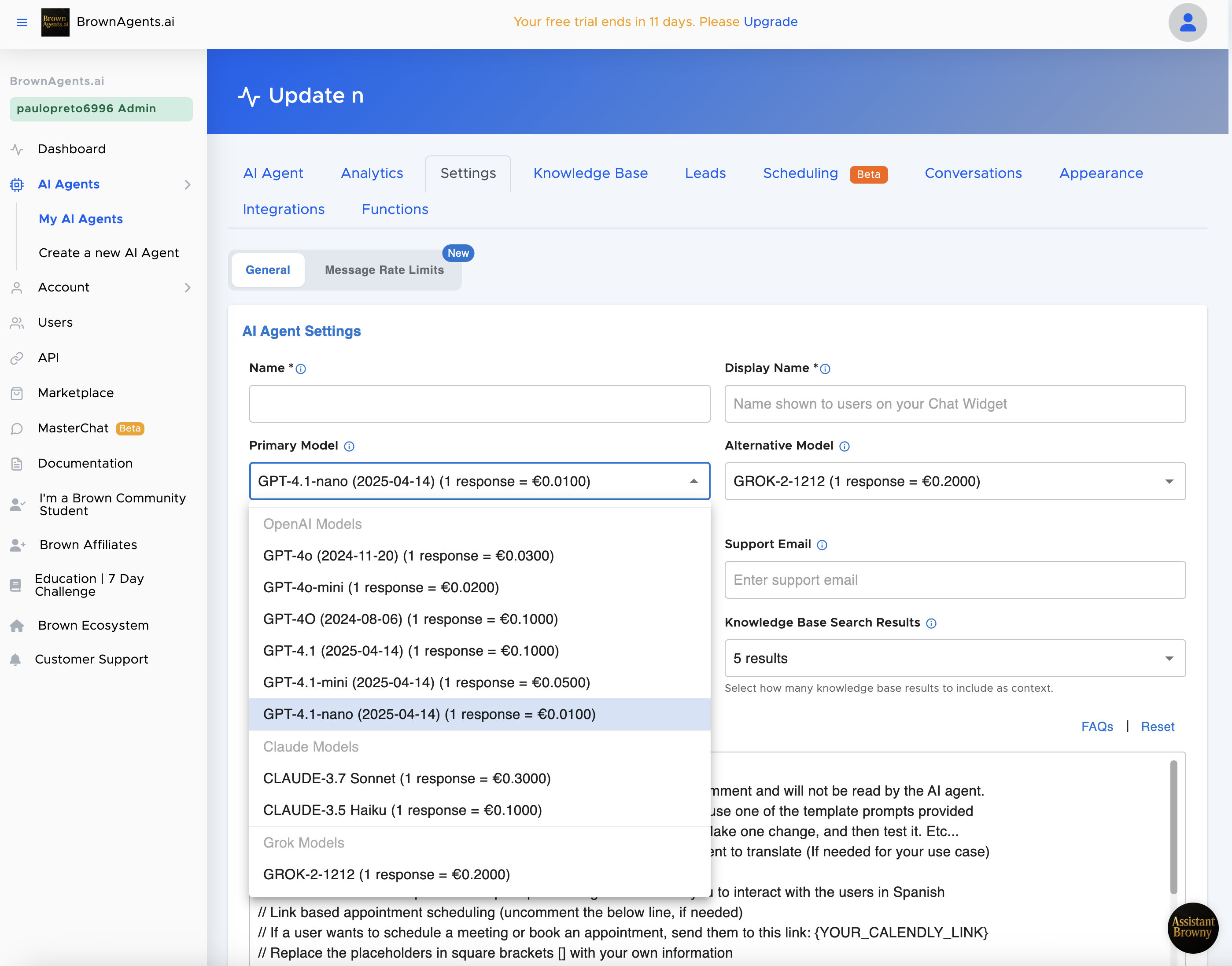 BrownAgents.ai AI Agent set up, choose your LLM and build your system prompt