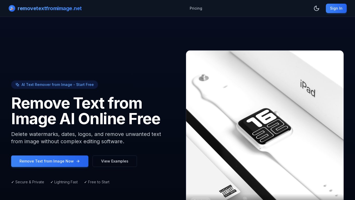 RemoveTextFromImage.net Landing page