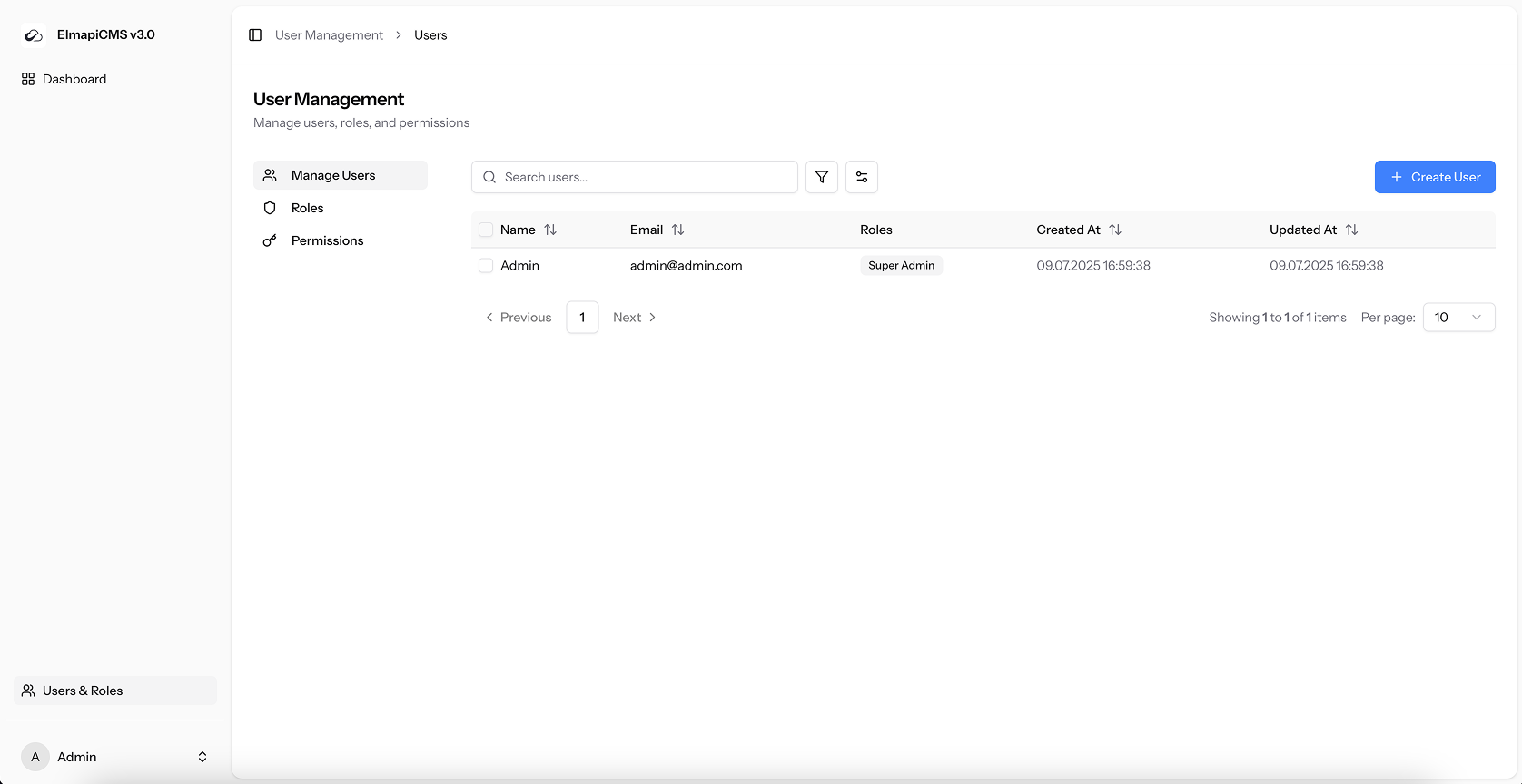 ElmapiCMS Advanced user, role, permission management