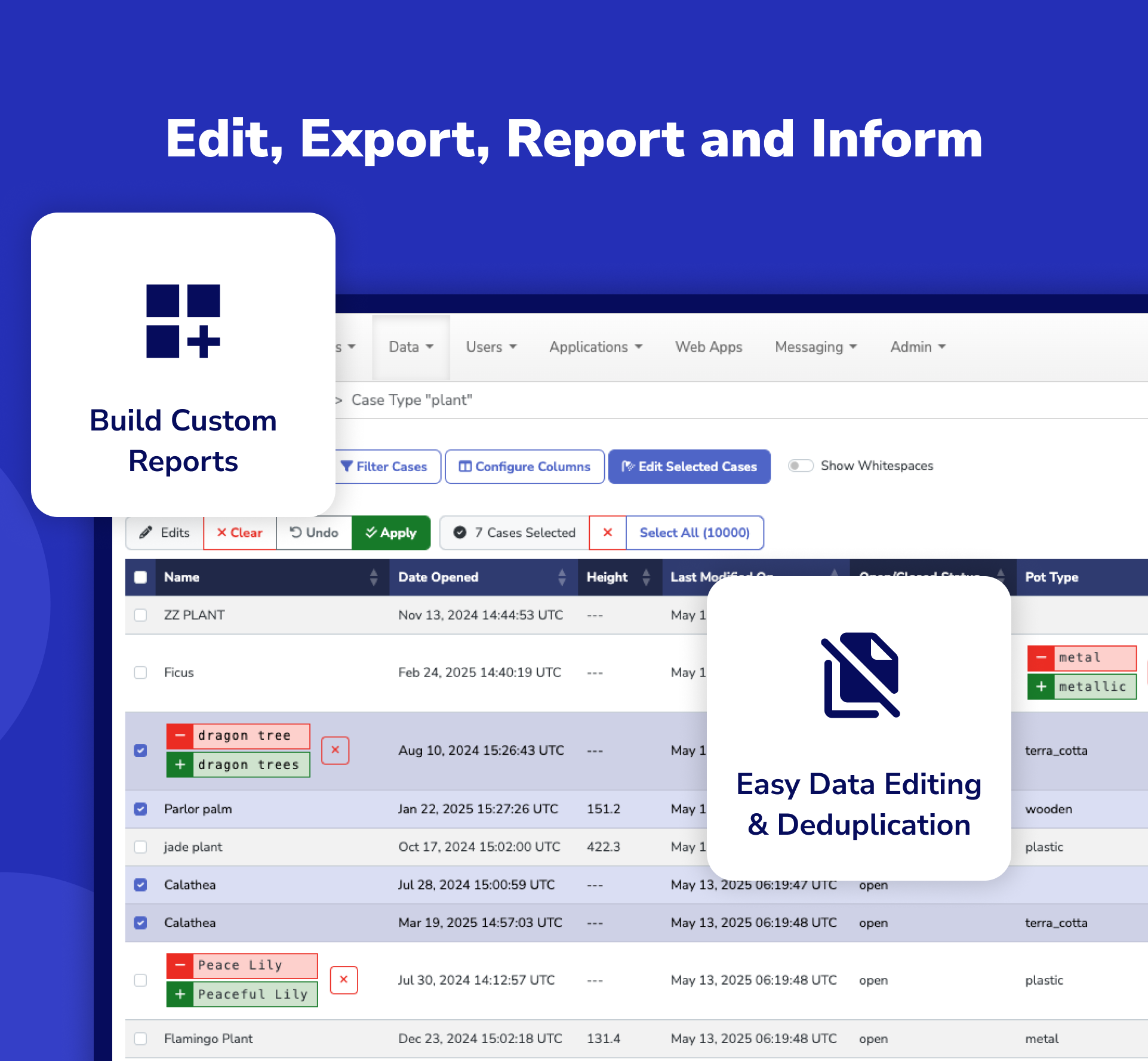 CommCare Data filtering, bulk editing, and deduplication tools