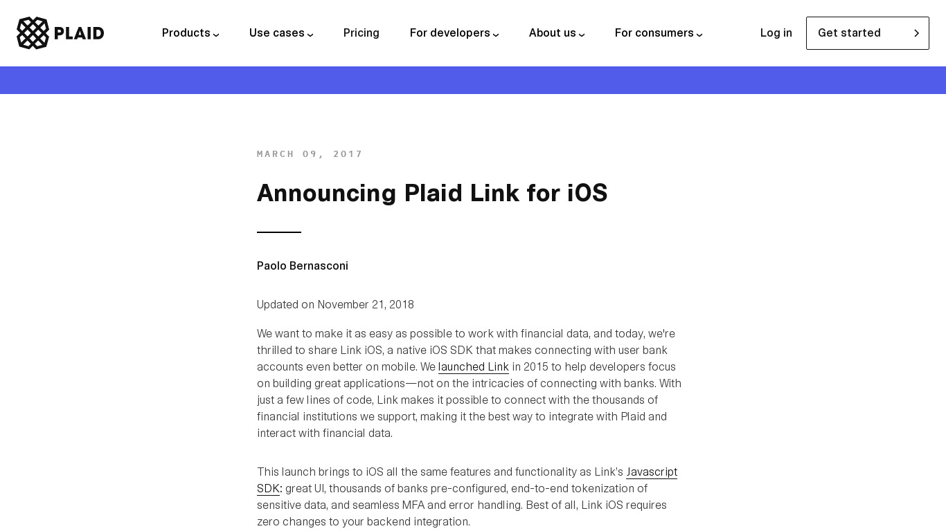 Plaid for iOS Landing page