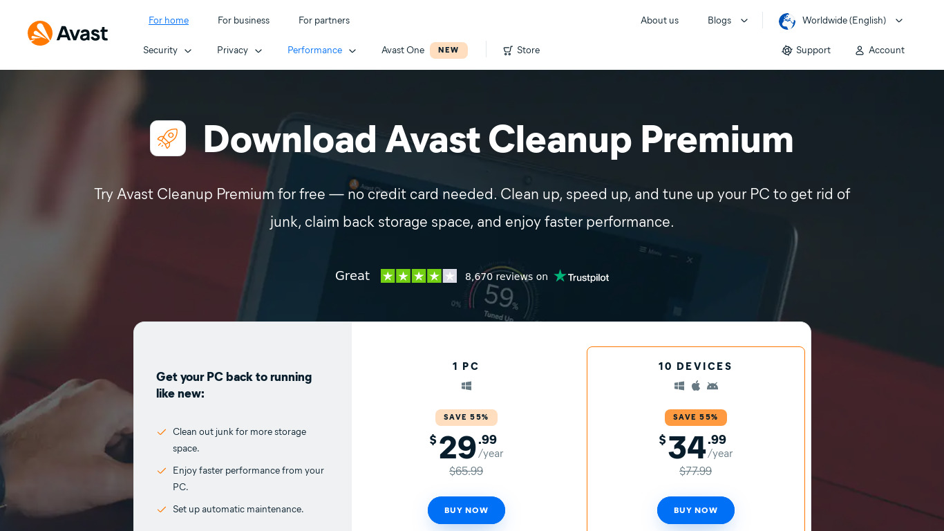 Avast Cleanup Landing page