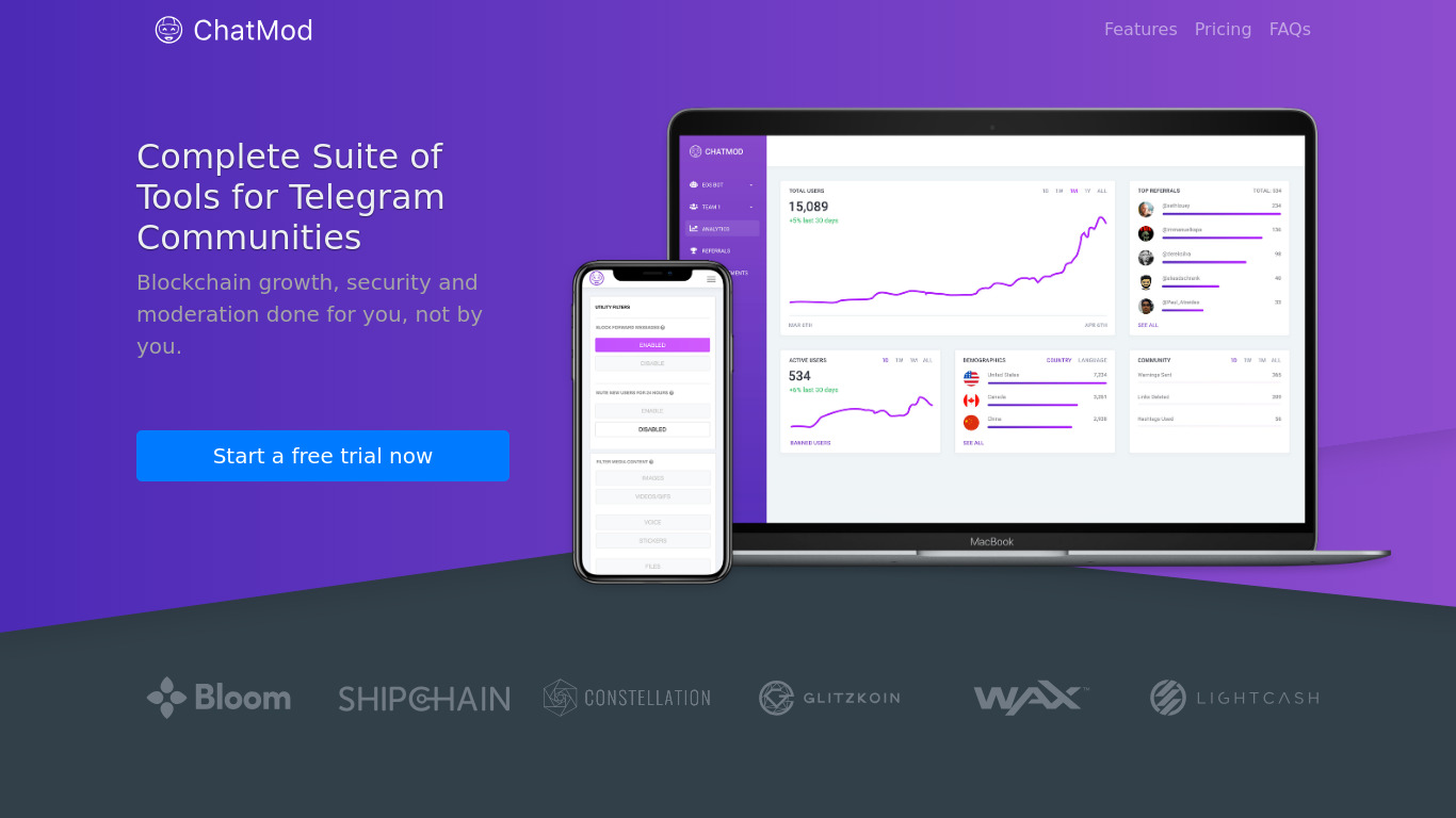 ChatMod.io for Telegram Landing page