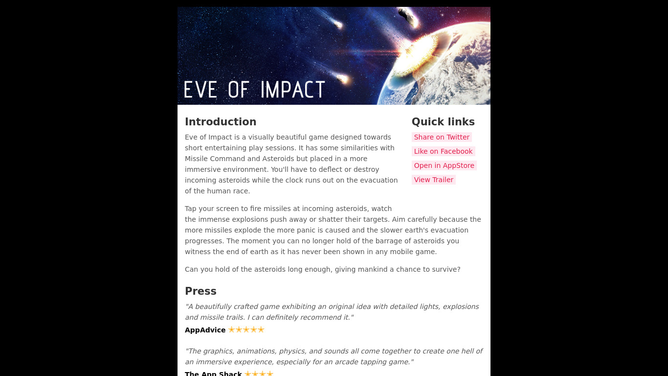 Eve of Impact Landing page
