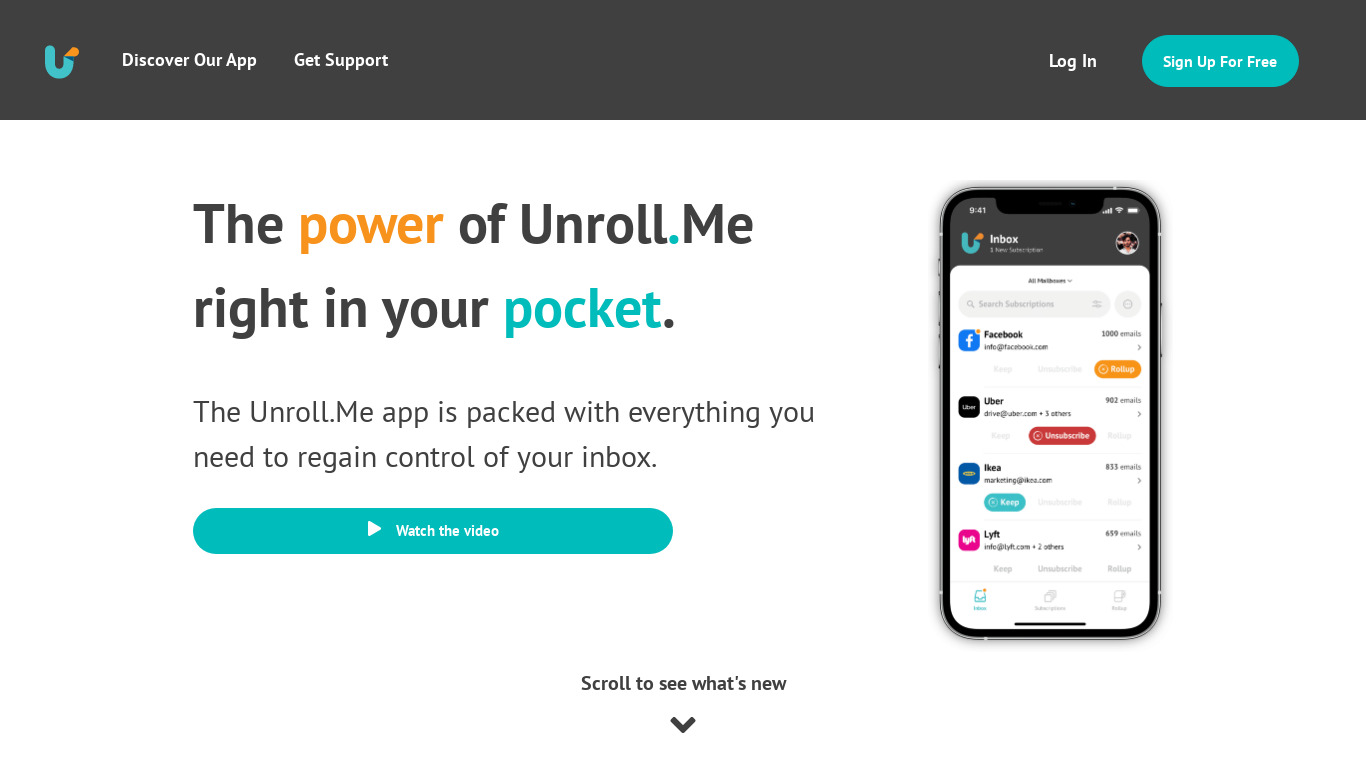 Unroll.Me for iOS Landing page