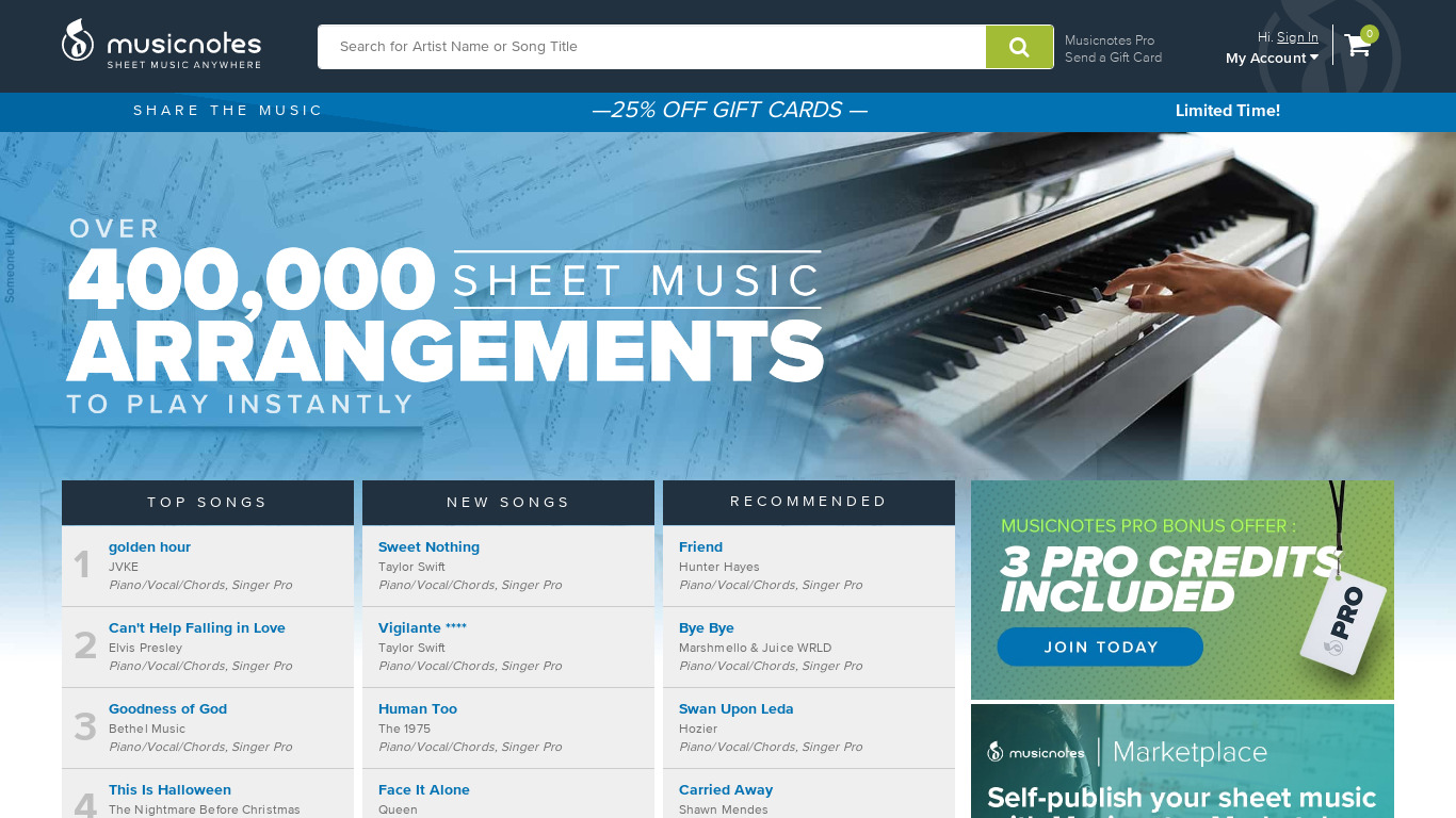 Musicnotes Landing page