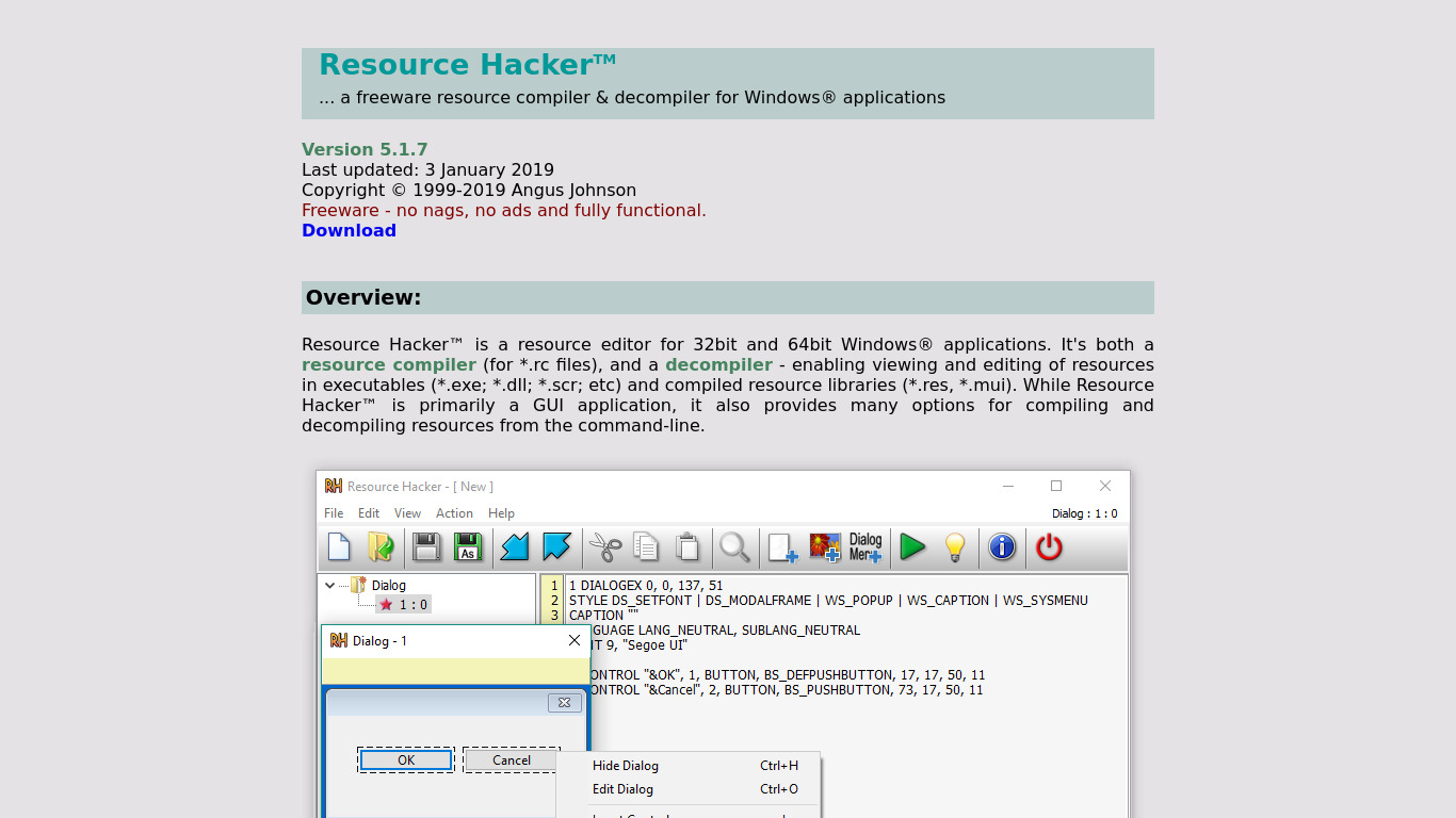Resource Hacker Landing page