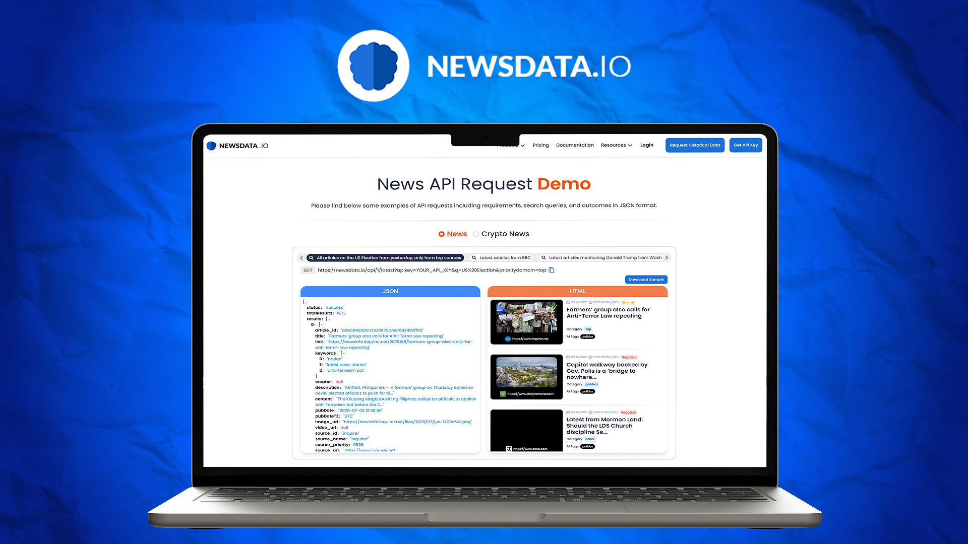 Newsdata.io Get real-time JSON search results for global news articles with NewsData.io for easy integration.