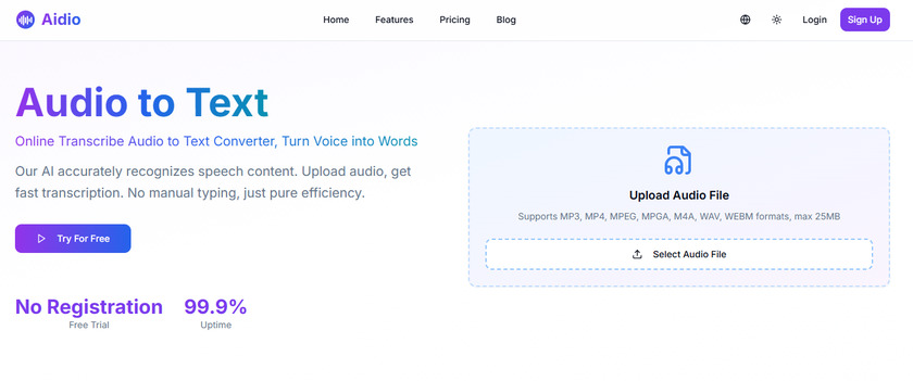 audio-to-text.org Landing Page