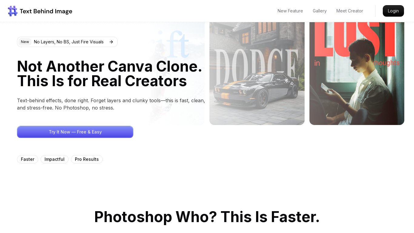 Text Behind Image Studio Landing page