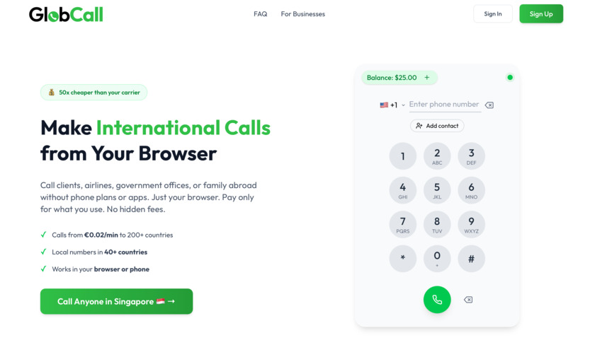 GlobCall Landing Page