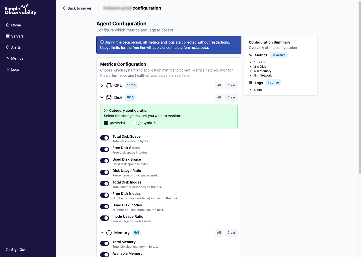 Simple Observability Configuration UI
