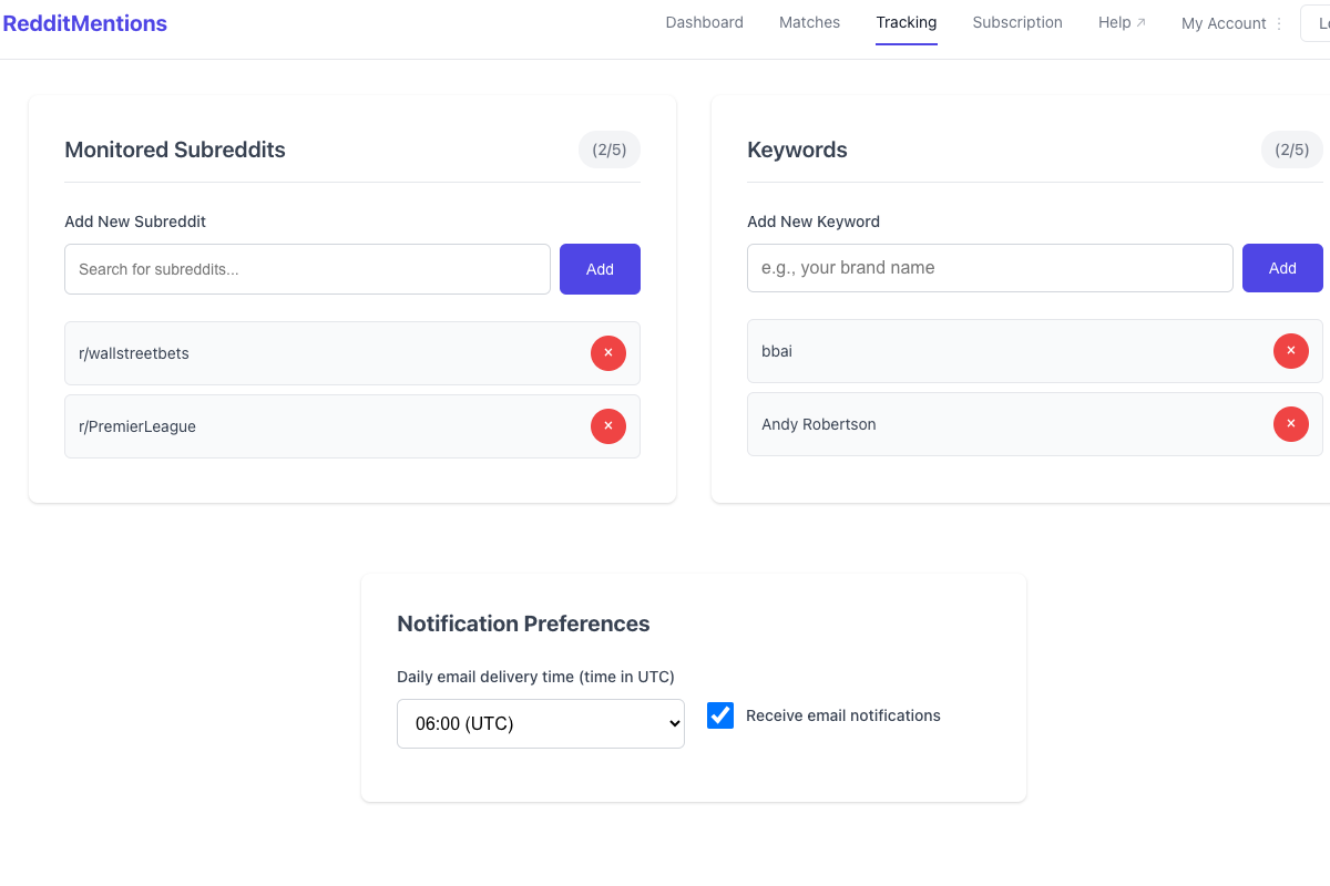RedditMentions Keyword and Subreddit Setup