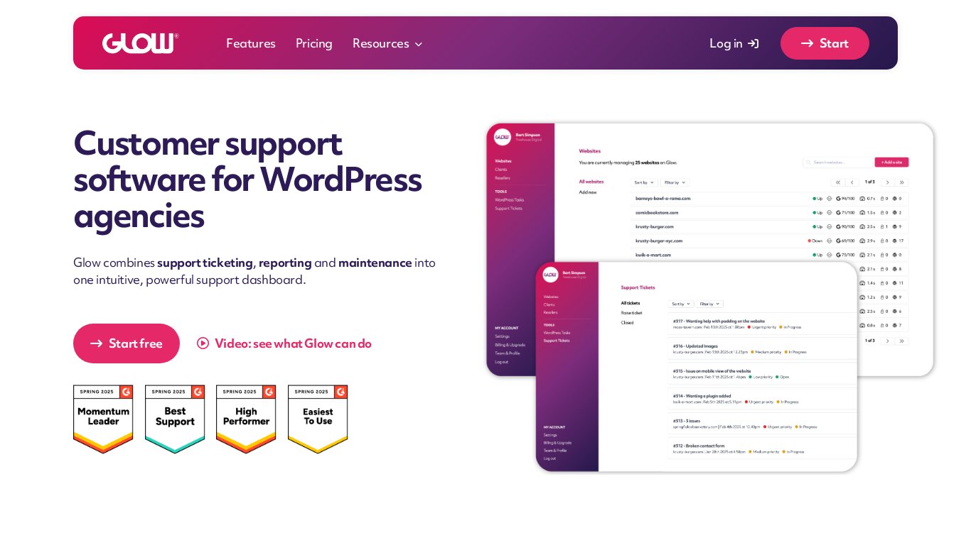 Glow: WordPress Management Tool Landing page