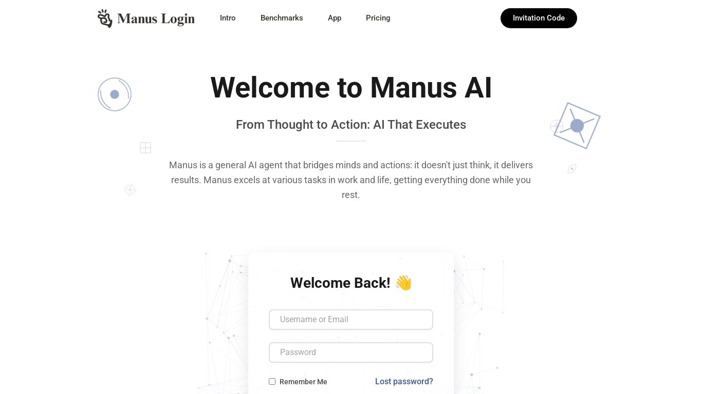 Manus AI Login Landing page