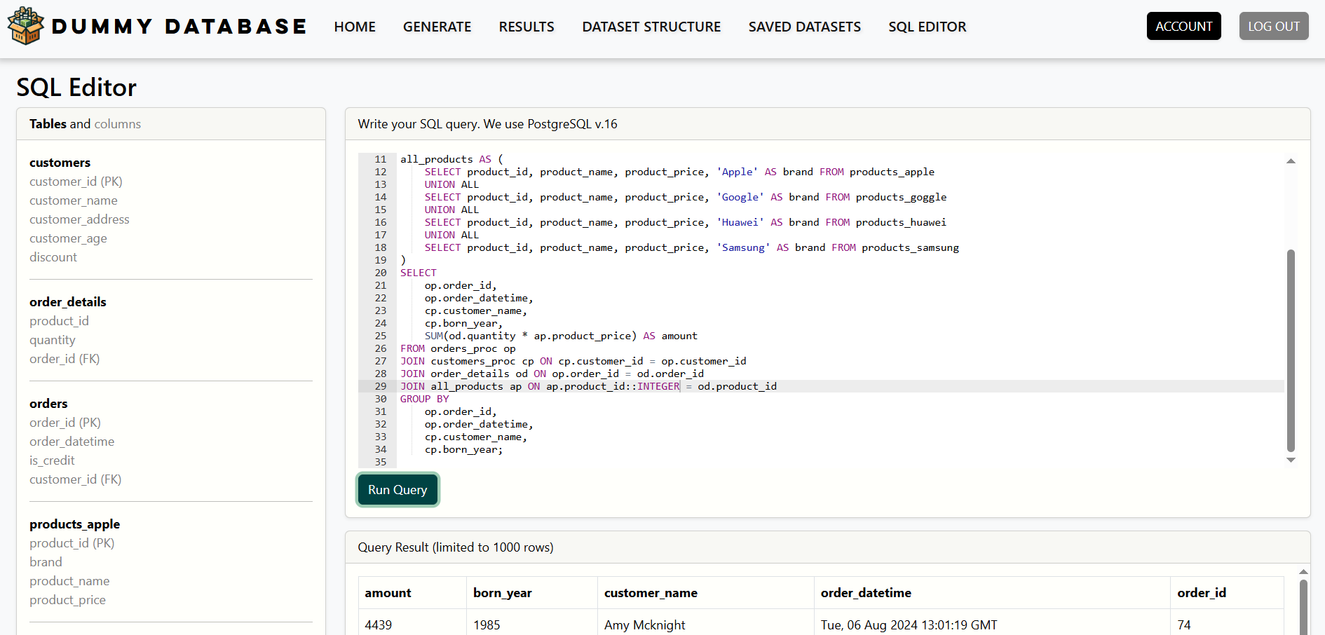 DUMMY DATABASE SQL editor
